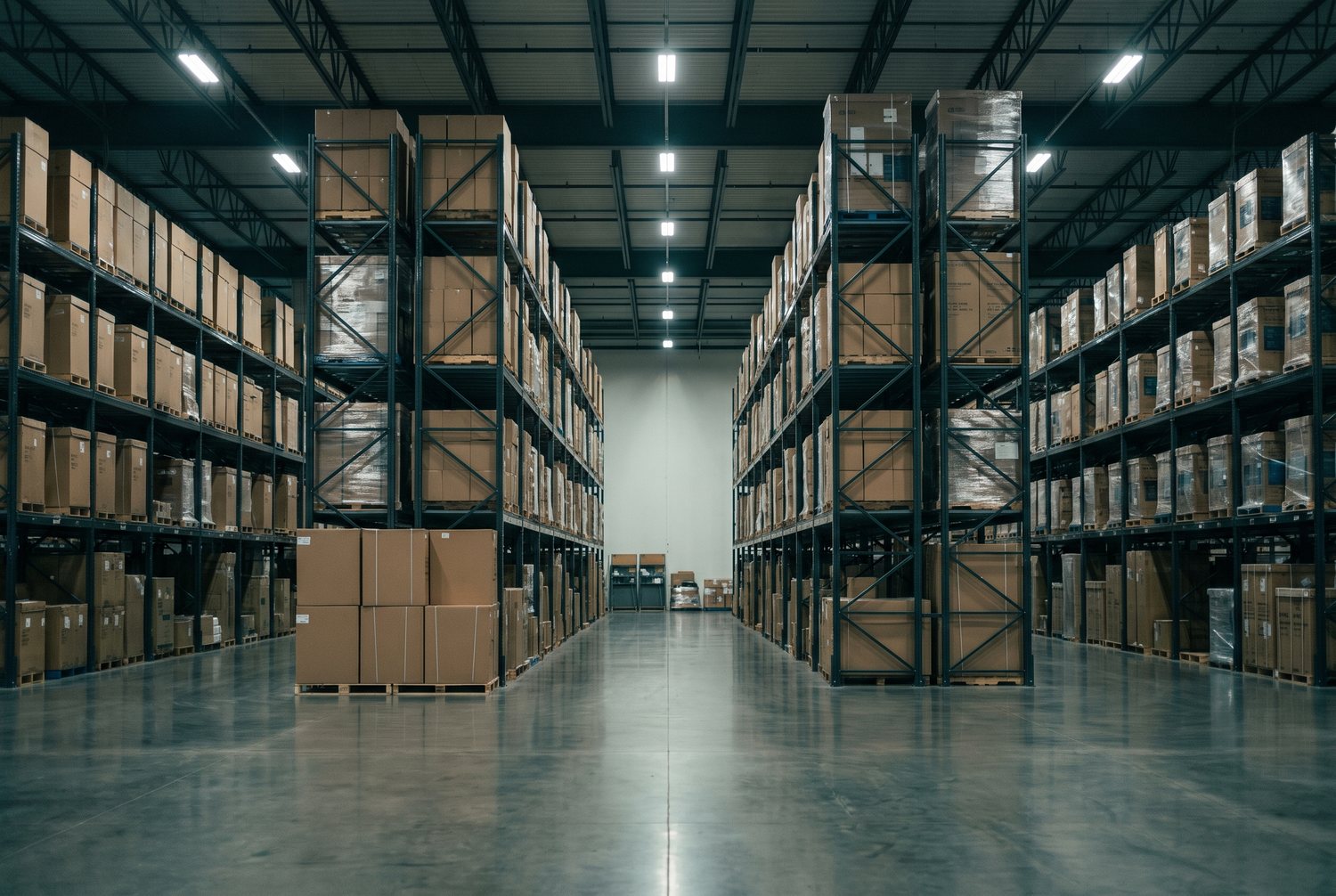 Gang in einem Logistiklager mit hohen Regalen voller palettierter Warenkartons