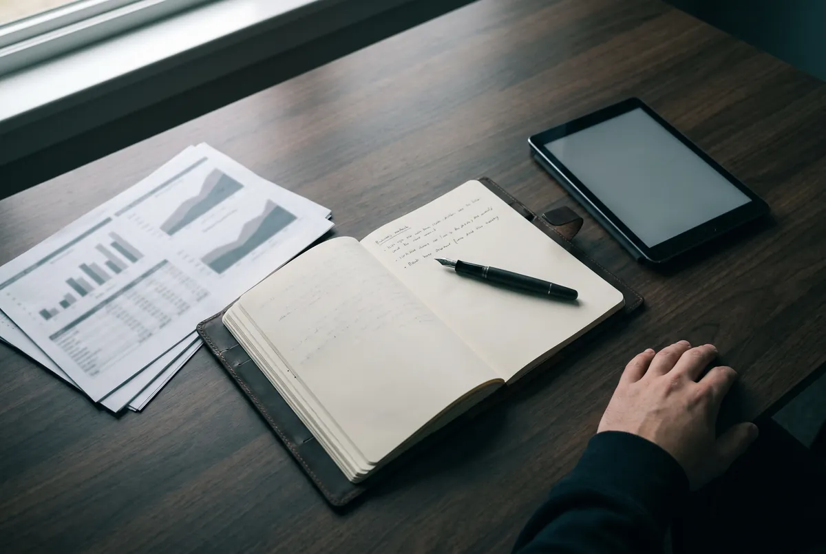 Schreibtisch mit Notizbuch, Auswertungen und Tablet