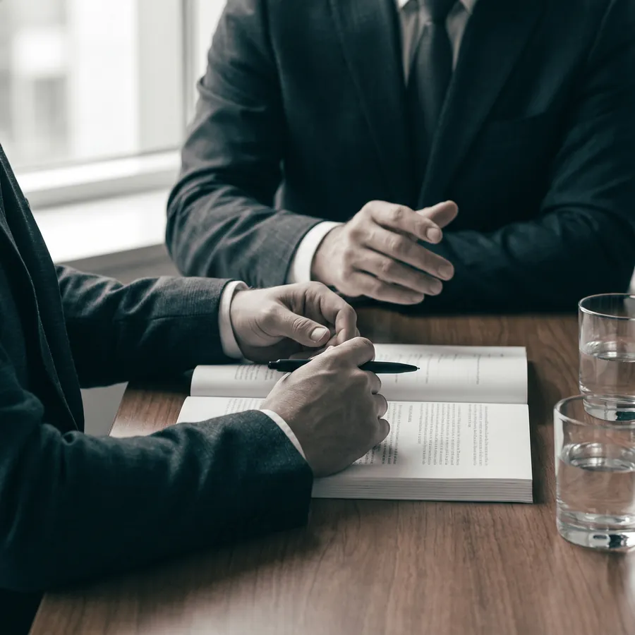 Zwei Personen besprechen ein Dokument am Besprechungstisch