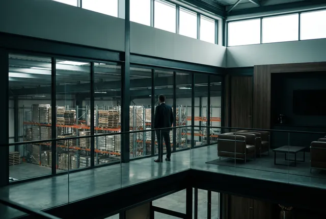 Blick von der Bürogalerie auf eine Lagerfläche