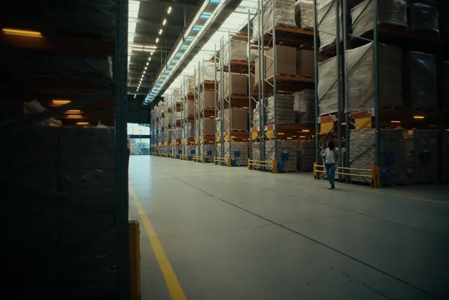 Hohe Regalreihen mit versandfertiger Ware in einem Logistiklager