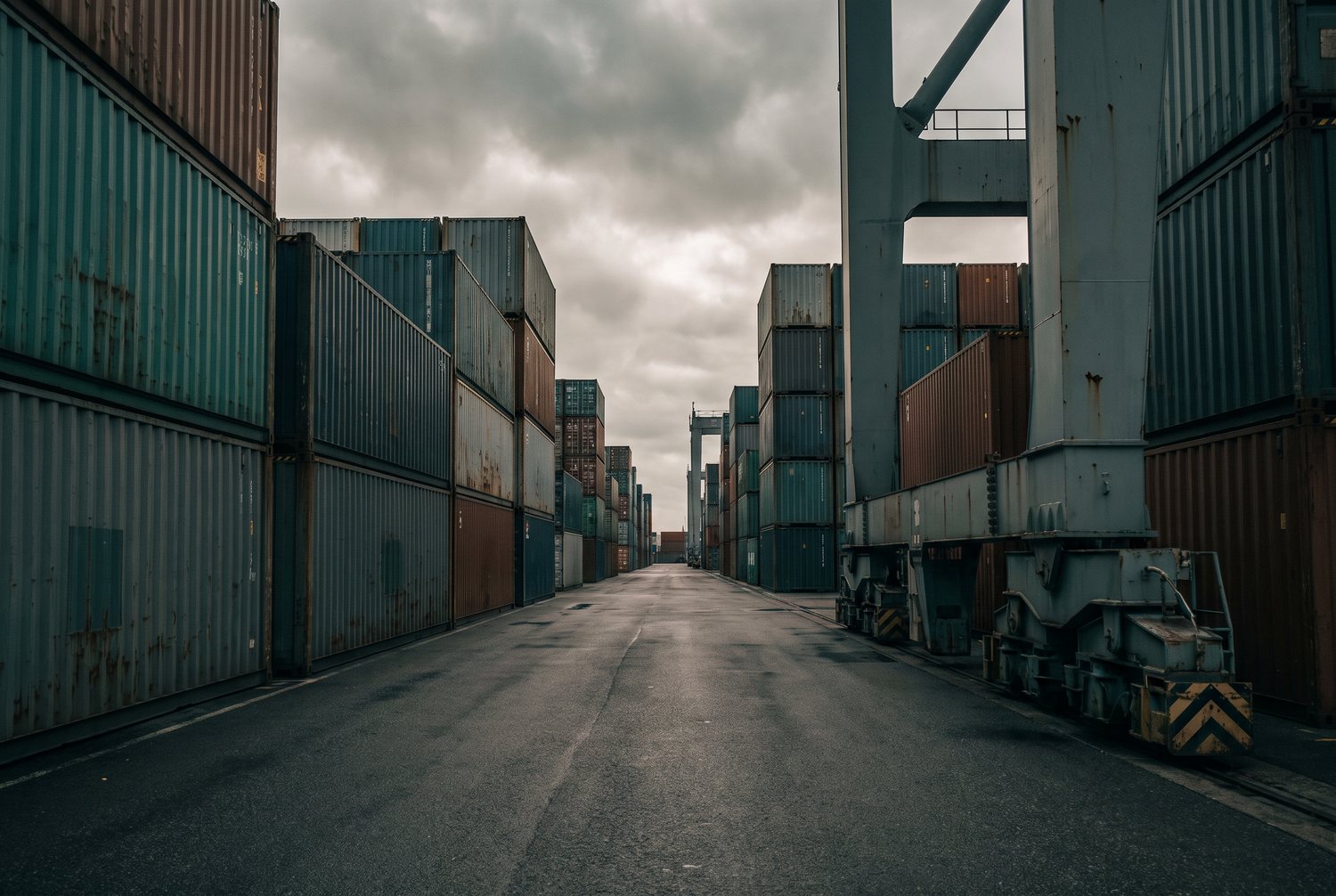 Containerterminal mit gestapelten Seecontainern und Verladekränen im Hafen